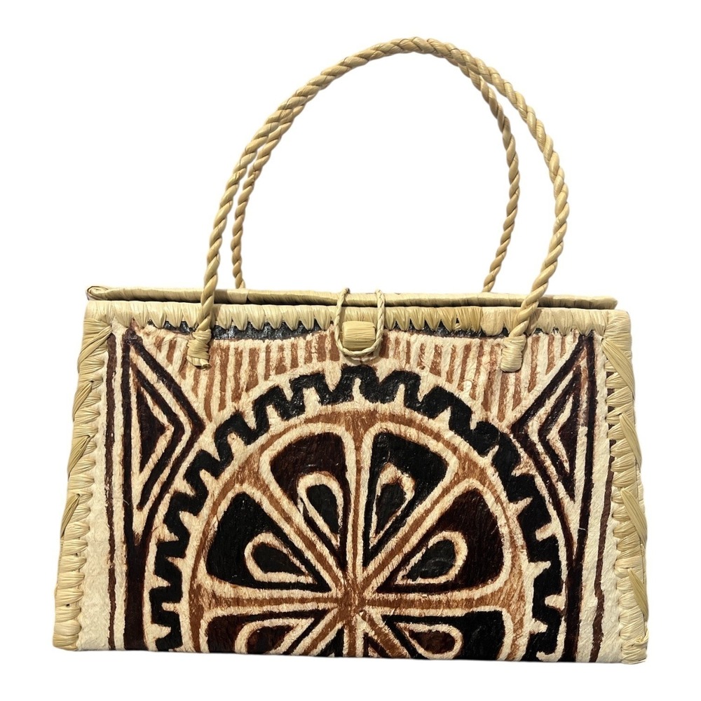 Woven Straw Handbag Tribal Geometric Painted Hard Tote Bag Boho Festival Artsy